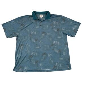 Trader Bay blue teal short sleeved polo shirt, palm tree graphics, collar, XXL.